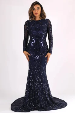 AMANI Long Sleeve Sequin Gown - Navy