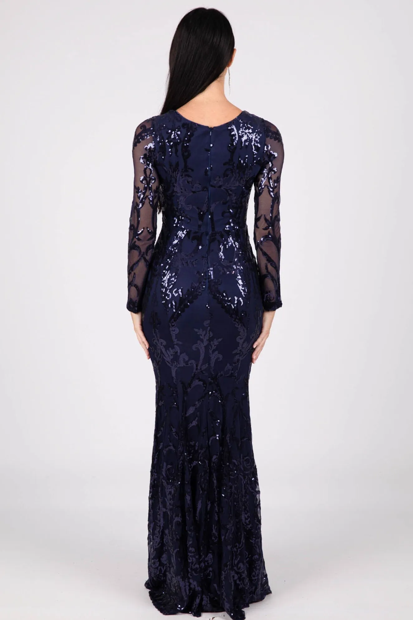 Amelia Long-Sleeve Pattern Sequin Gown - Navy