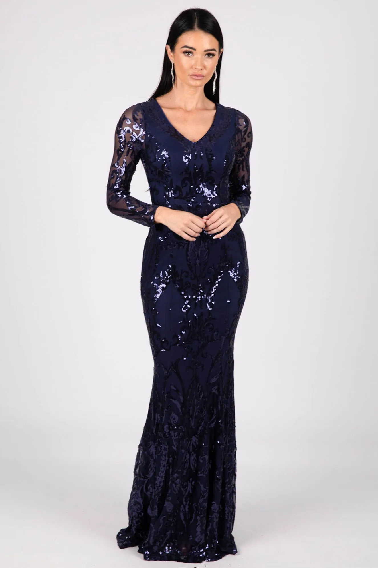 Amelia Long-Sleeve Pattern Sequin Gown - Navy