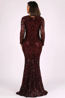 Amelia Long-Sleeve Pattern Sequin Gown - Burgundy