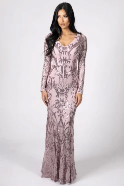 Amelia Long-Sleeve Pattern Sequin Gown - Pink