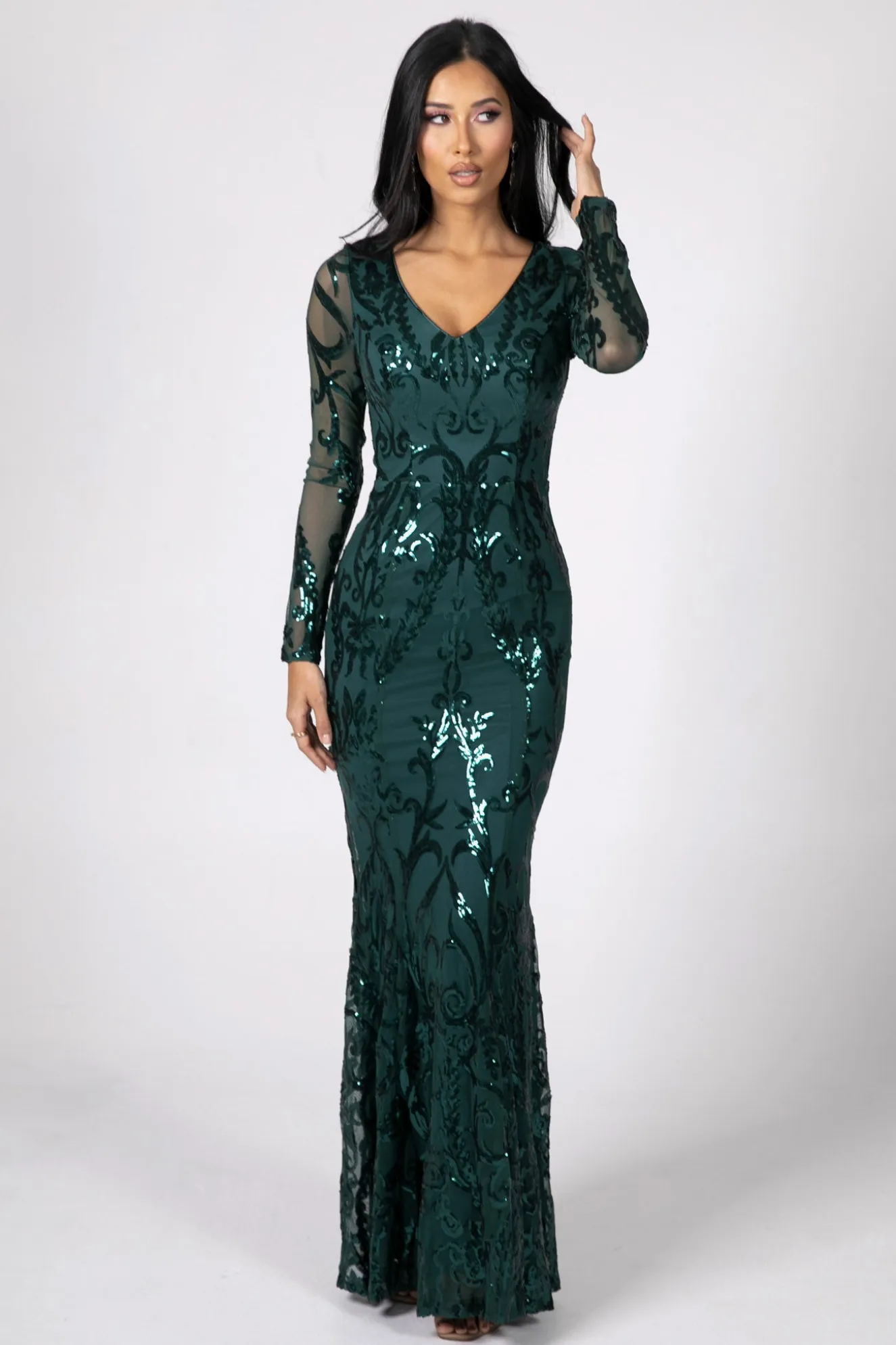 Amelia Long-Sleeve Pattern Sequin Gown - Emerald