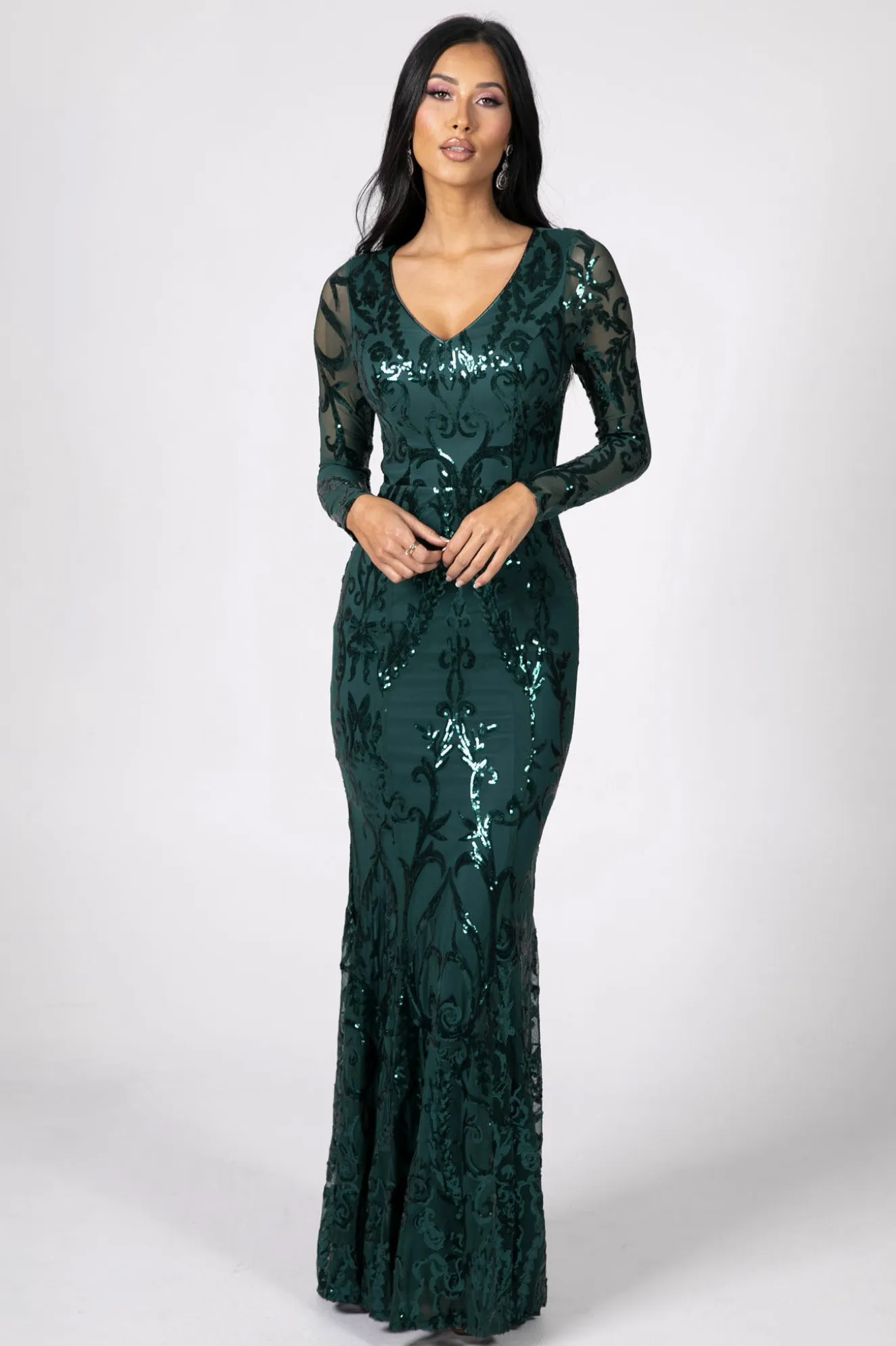 Amelia Long-Sleeve Pattern Sequin Gown - Emerald