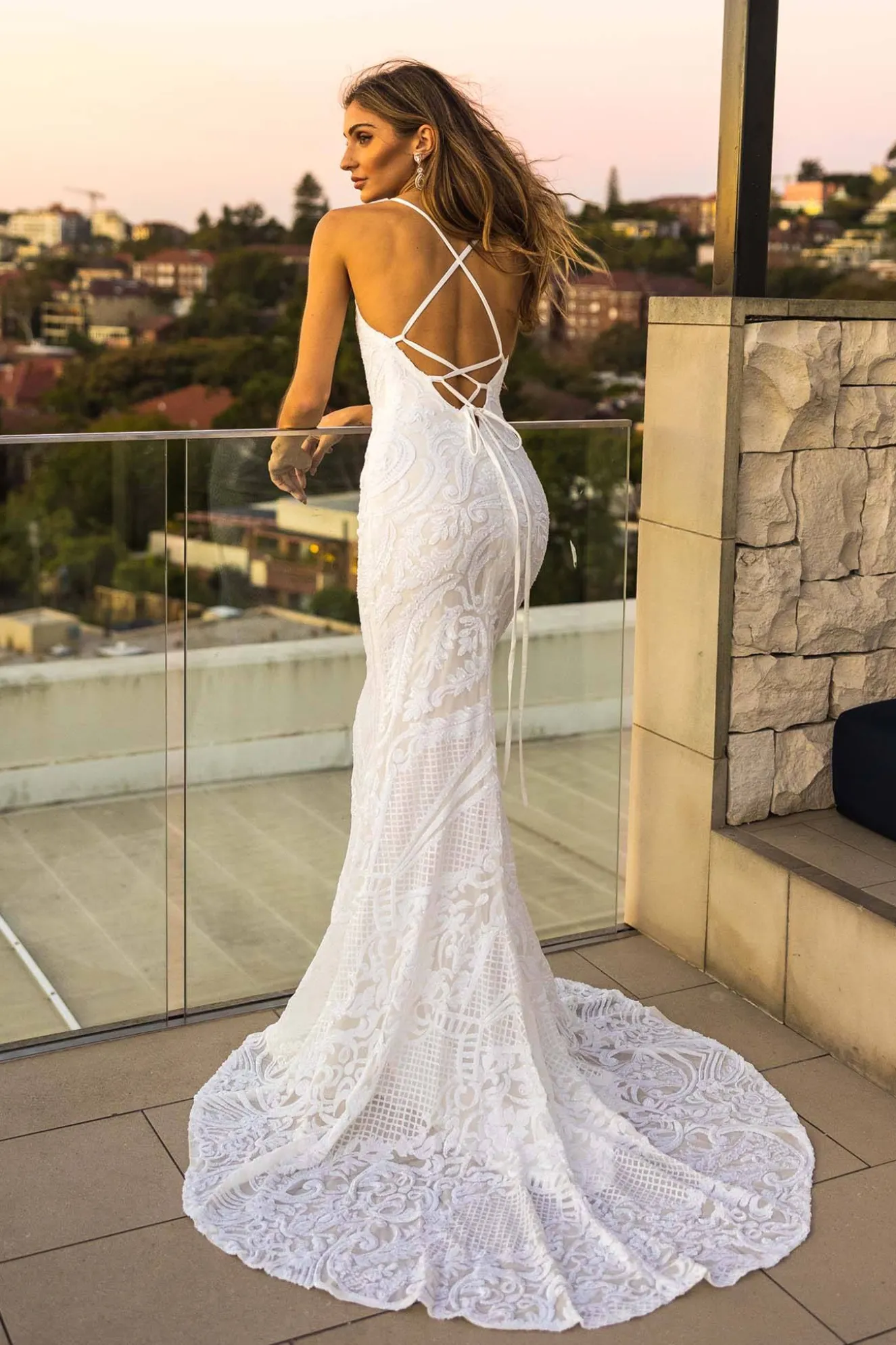 AMIYA Lace Up Back Pattern Sequin Gown - White