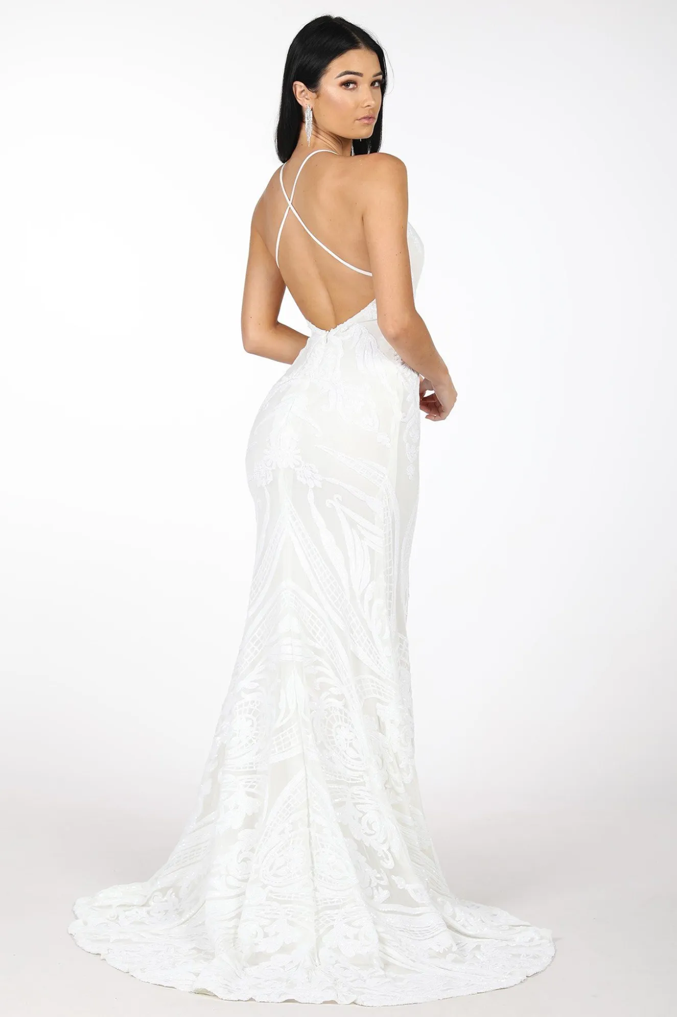 Ariella Side Slit Pattern Sequin Gown - White