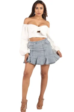 Bardot Bow Front Long Sleeve Top - White
