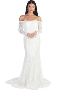 Caroline Off The Shoulder Long Sleeve Lace Gown - White