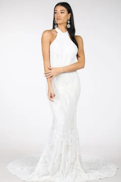 Delilah High Neck Pattern Sequin Gown - White
