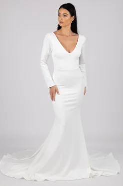 Elena Long-Sleeve Crepe Gown - Ivory