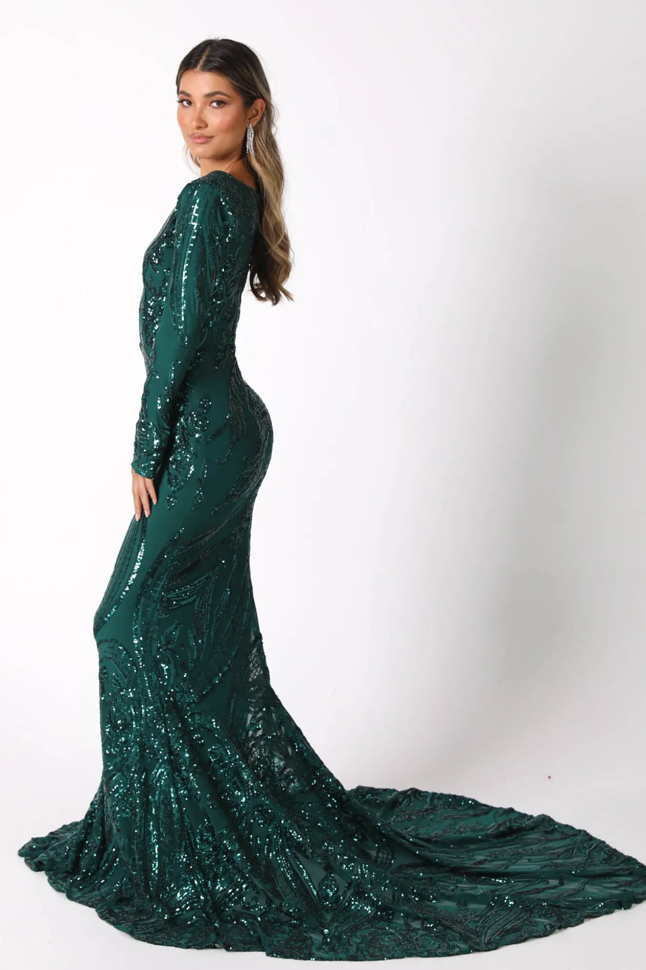 Elena Long-Sleeve Pattern Sequin Gown - Emerald