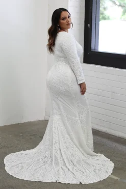 Elena Long-Sleeve Pattern Sequin Gown - White/White