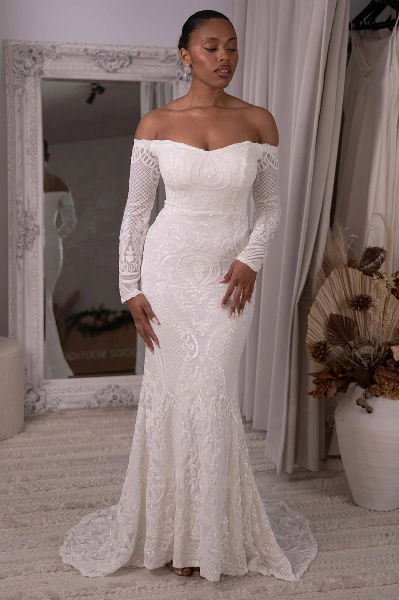 Gianna Off-Shoulder Long Sleeve Gown - White/White