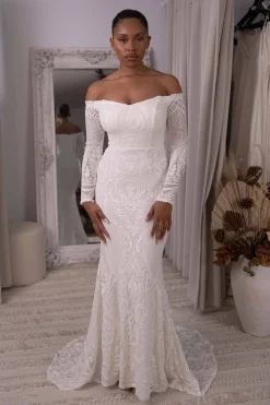 Gianna Off-Shoulder Long Sleeve Gown - White/White