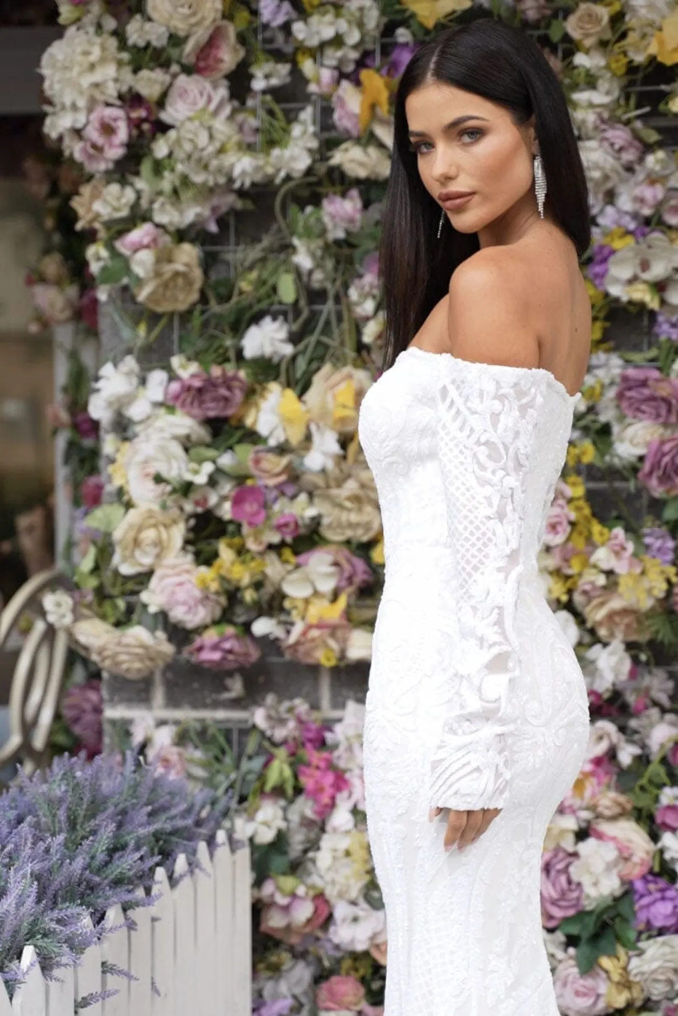 Gianna Off-Shoulder Long Sleeve Gown - White/White