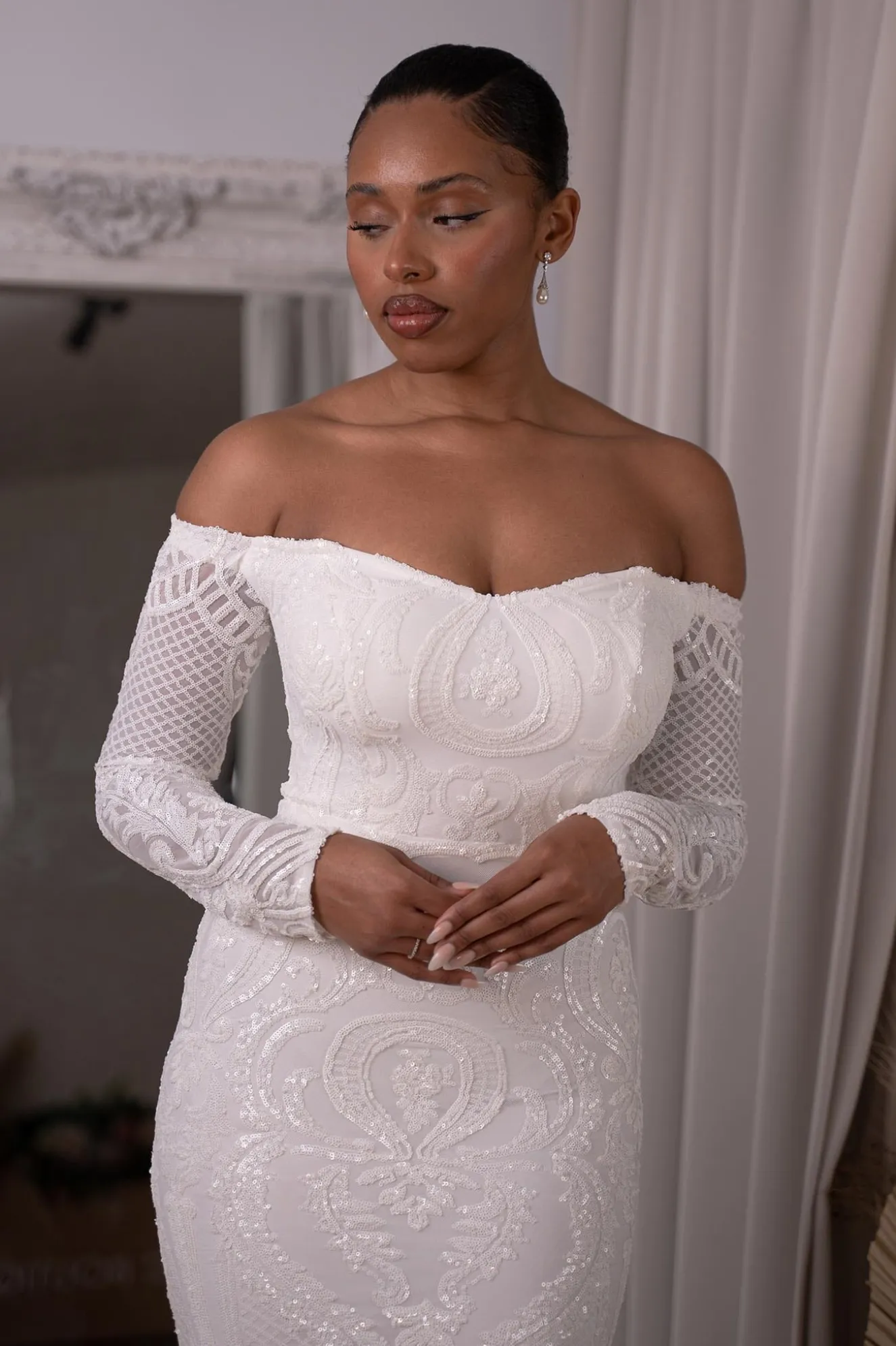 Gianna Off-Shoulder Long Sleeve Gown - White/White