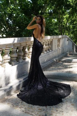 Goddess Geometric Sequin Gown - Black