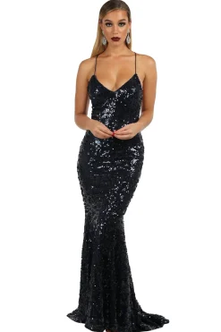 Leona Sequin Beaded Lace Up Gown - Navy