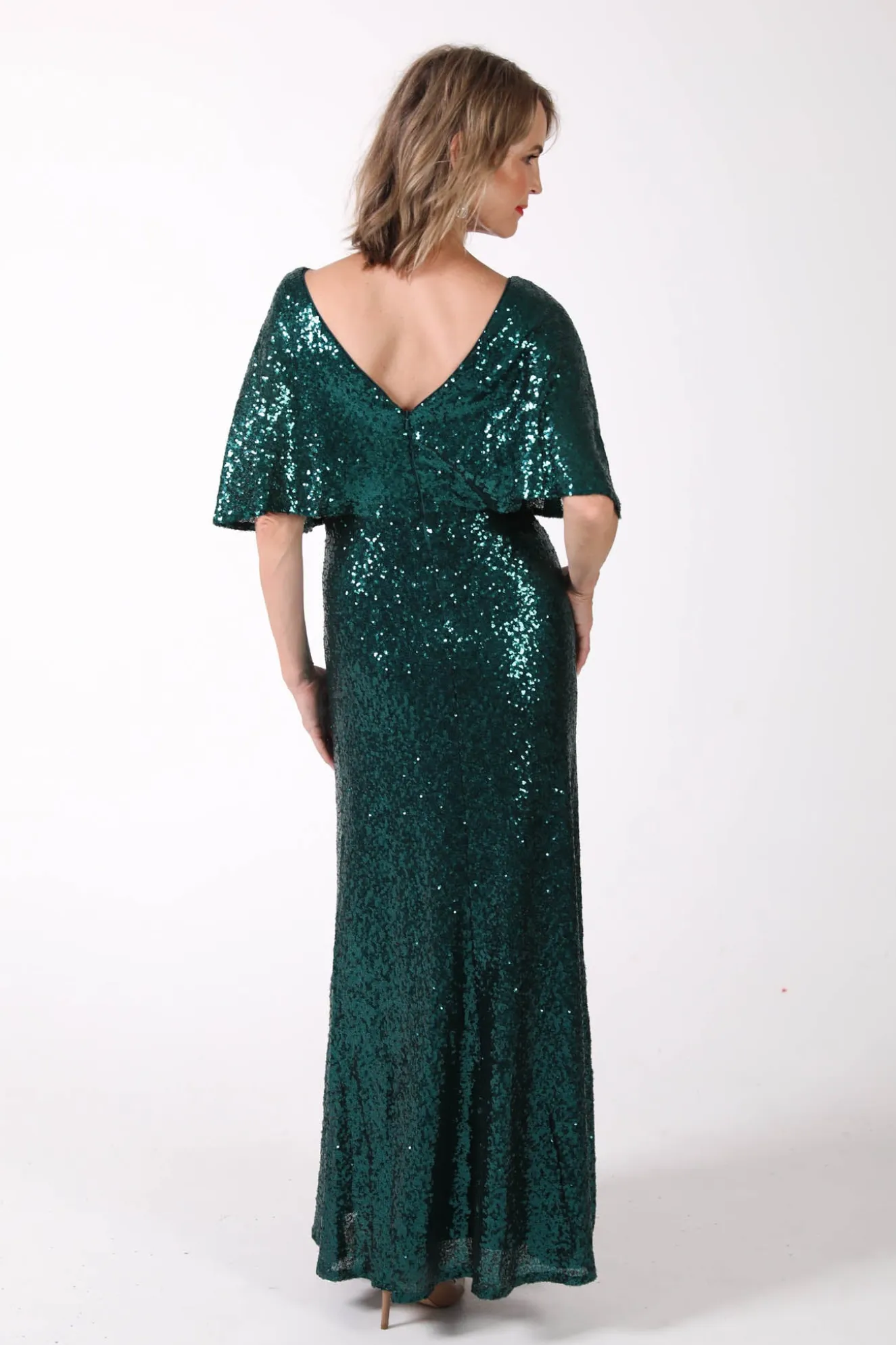 Martha Butterfly-Sleeve Sequin Maxi Dress - Emerald Green