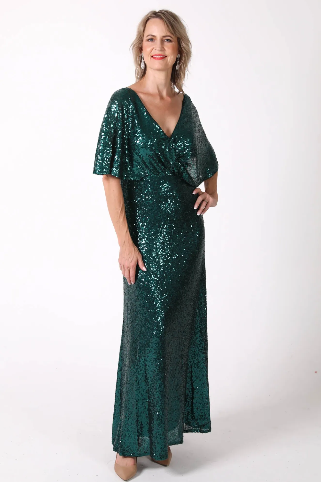 Martha Butterfly-Sleeve Sequin Maxi Dress - Emerald Green