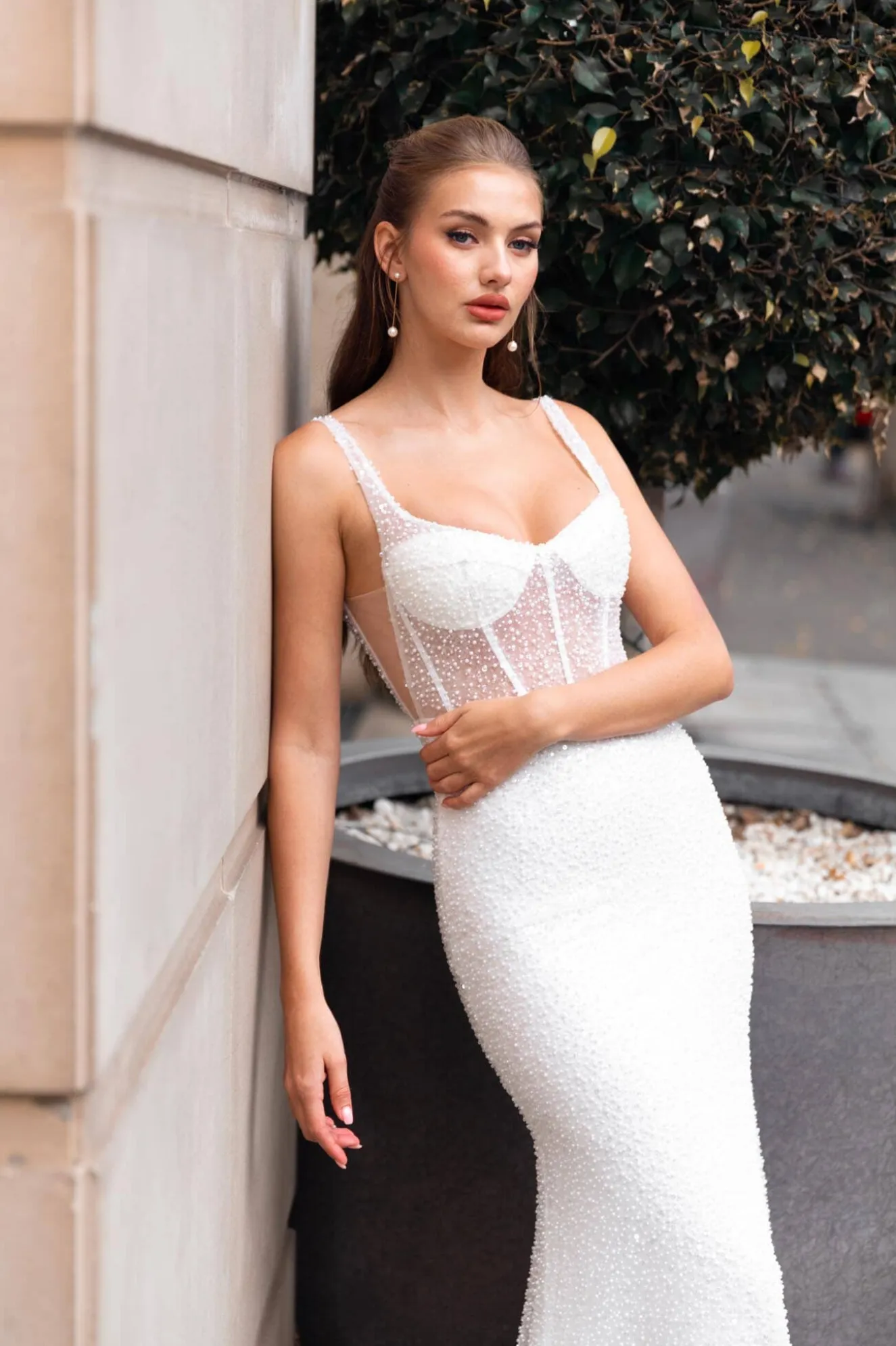 MILANA Sheer Corset Beaded Gown - Ivory