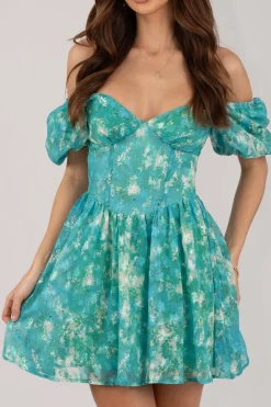 Miyah Puff Sleeve Mini Dress - Green Floral