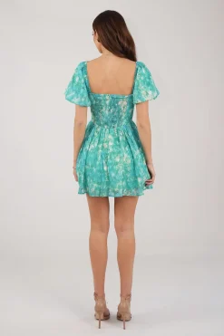 Miyah Puff Sleeve Mini Dress - Green Floral