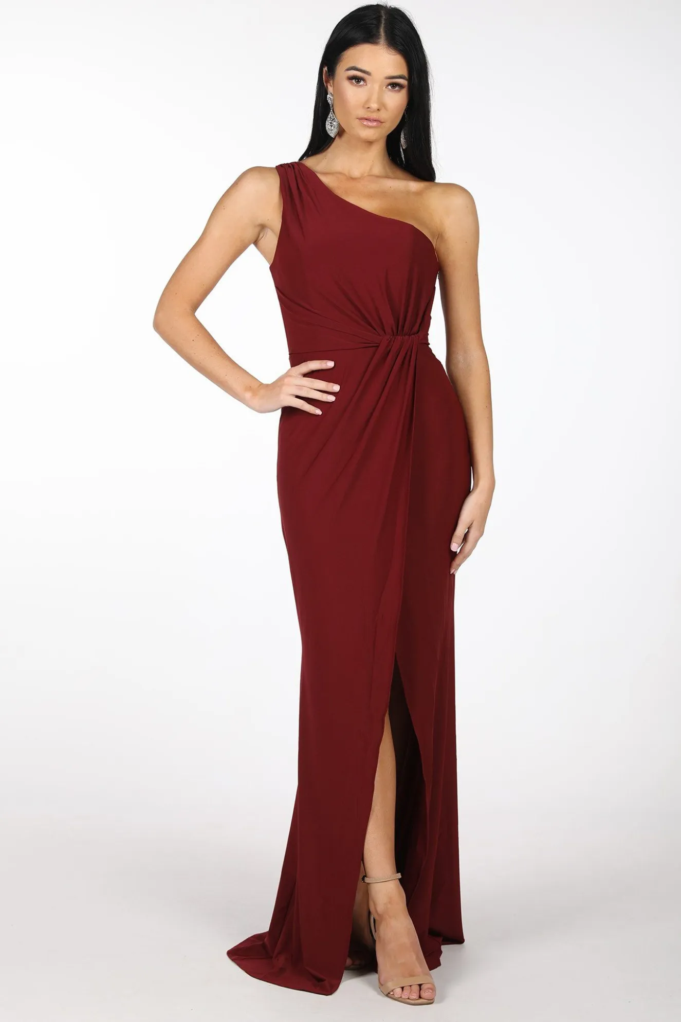 NELIA One Shoulder Maxi Column Dress - Wine