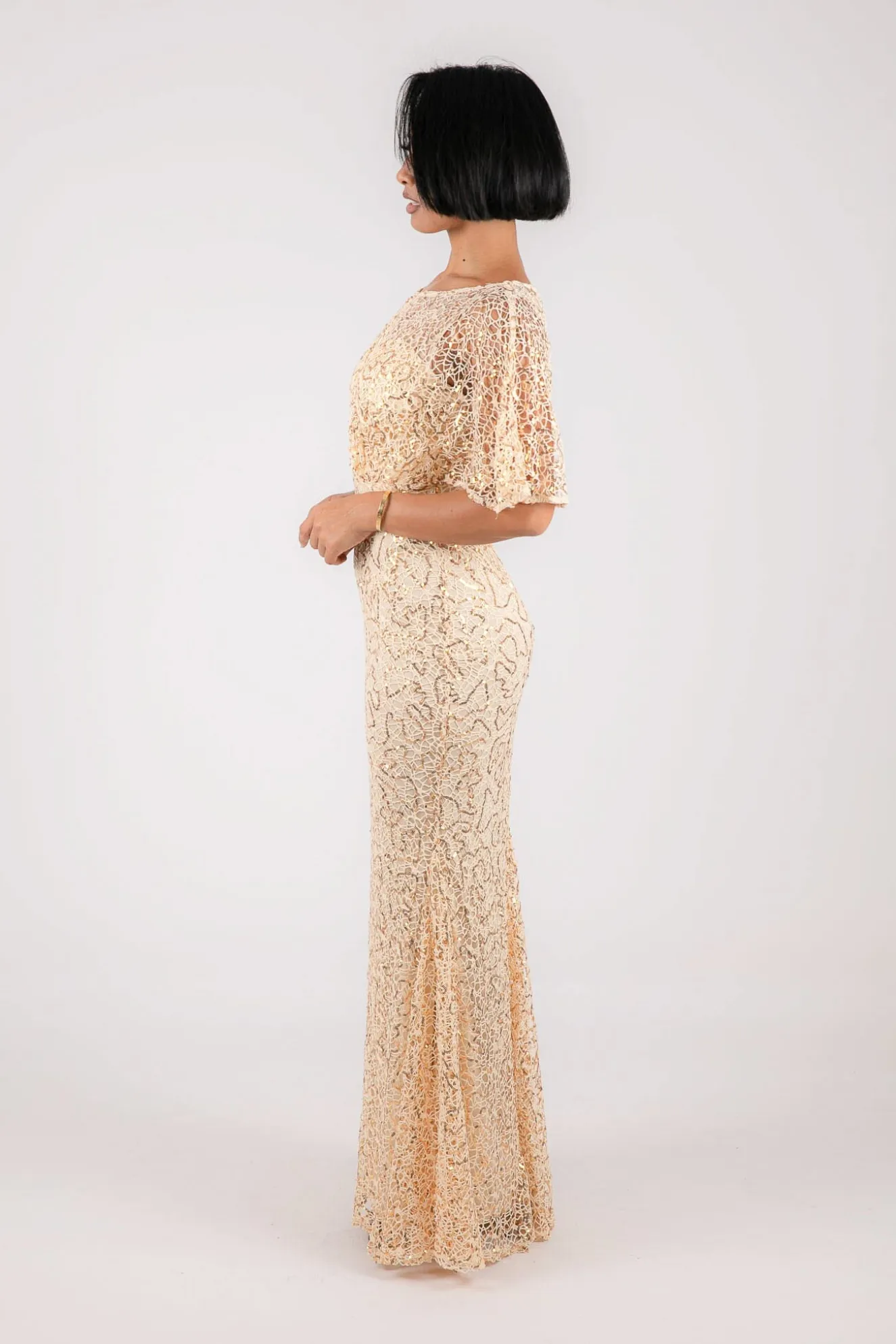Opal Butterfly-Sleeve Sequin Maxi Dress - Beige