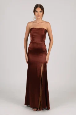 Peyton Strapless Satin Maxi Dress - Mahogany