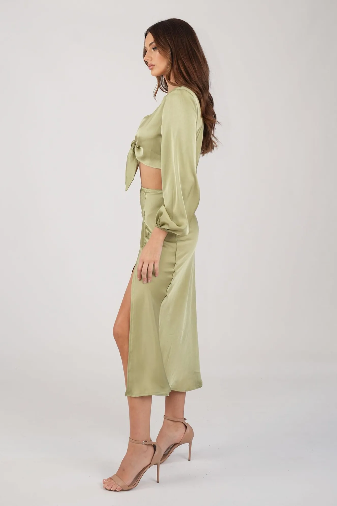 Quinn Satin Set - Long Sleeve Crop Top and Midi Skirt in Olive