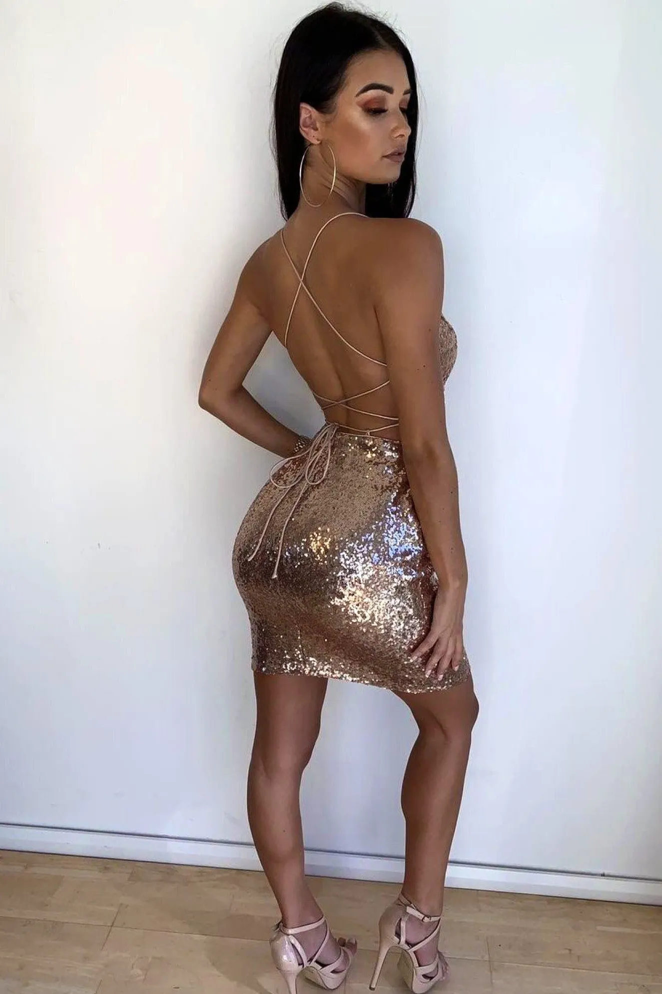 RIO Lace Up Back Sequin Mini Dress - Rose Gold
