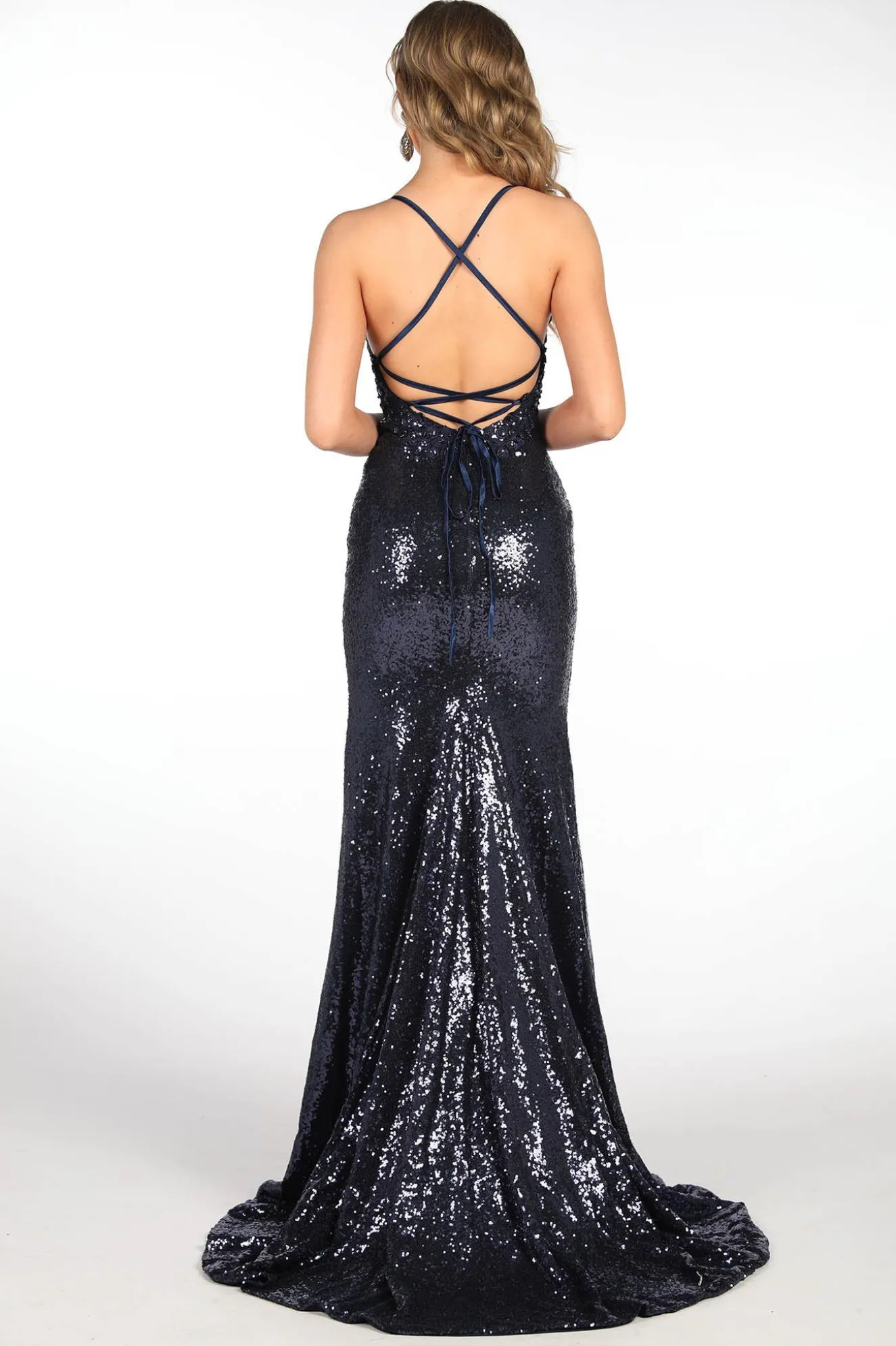 ROSIE LUXE Lace Up Back (No Slit) Sequin Gown - Navy