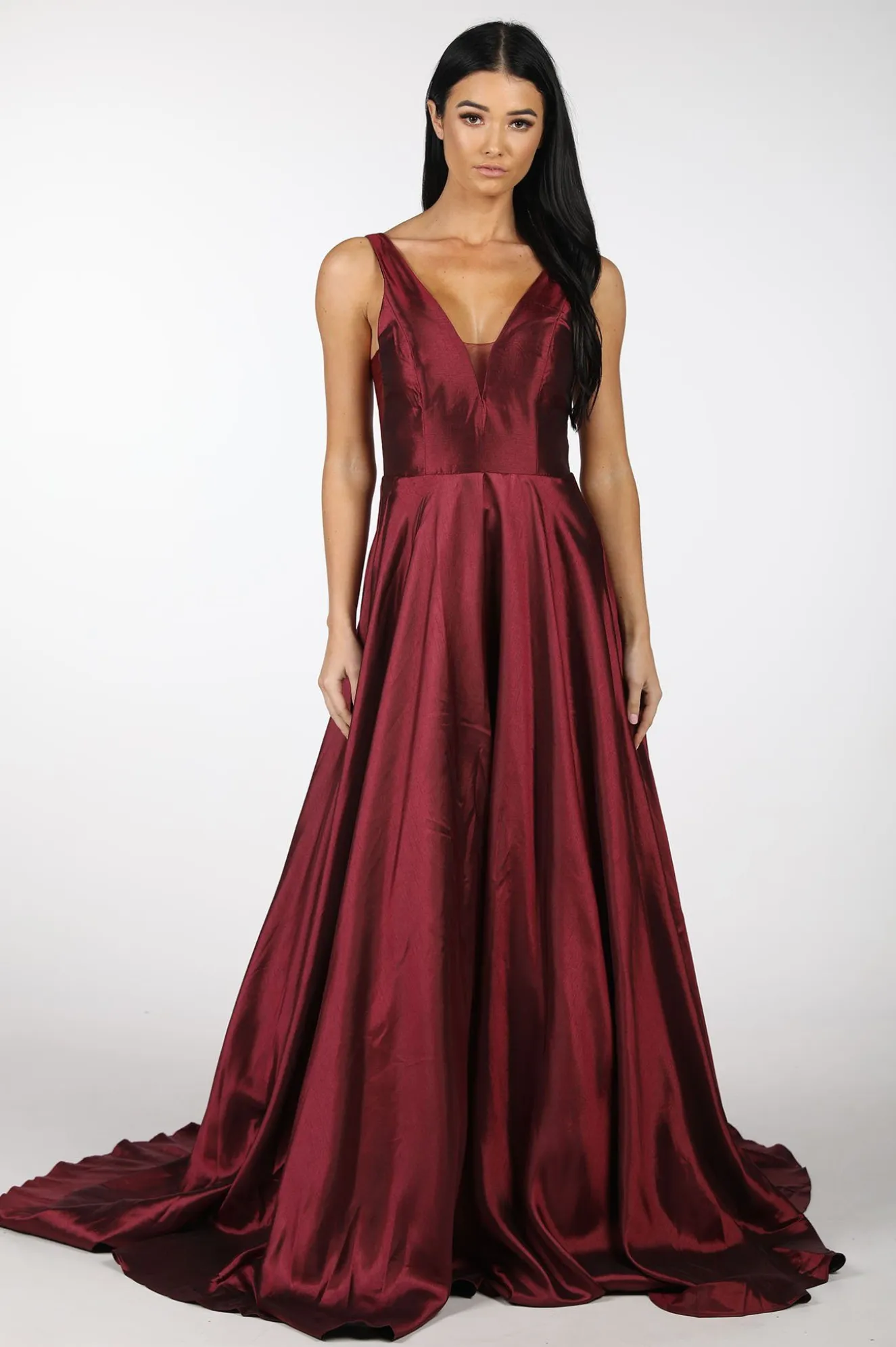 SAMIRA V-Neck Satin Ball Gown - Deep Red
