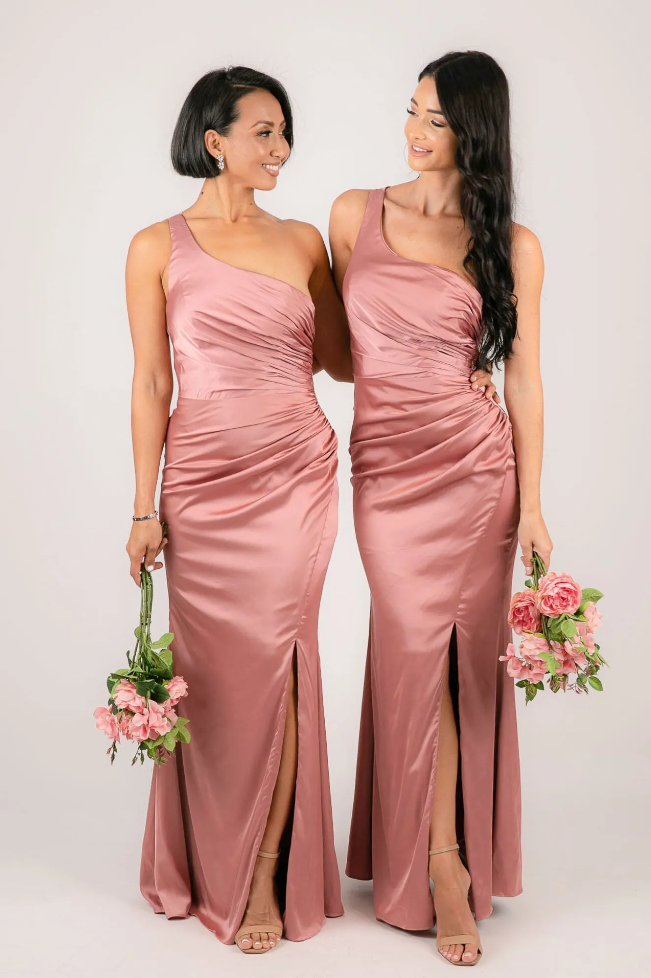 SELENE One Shoulder Satin Maxi Dress - Dusty Pink