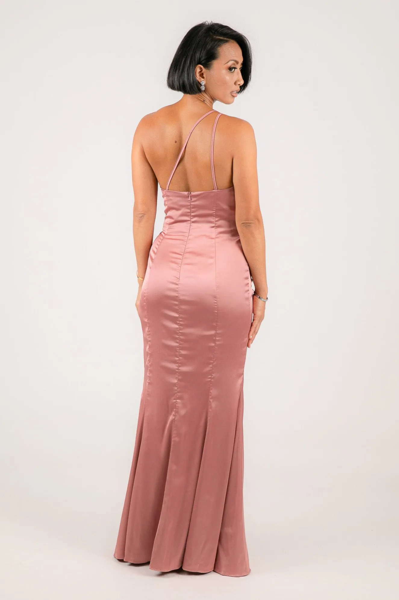 SELENE One Shoulder Satin Maxi Dress - Dusty Pink
