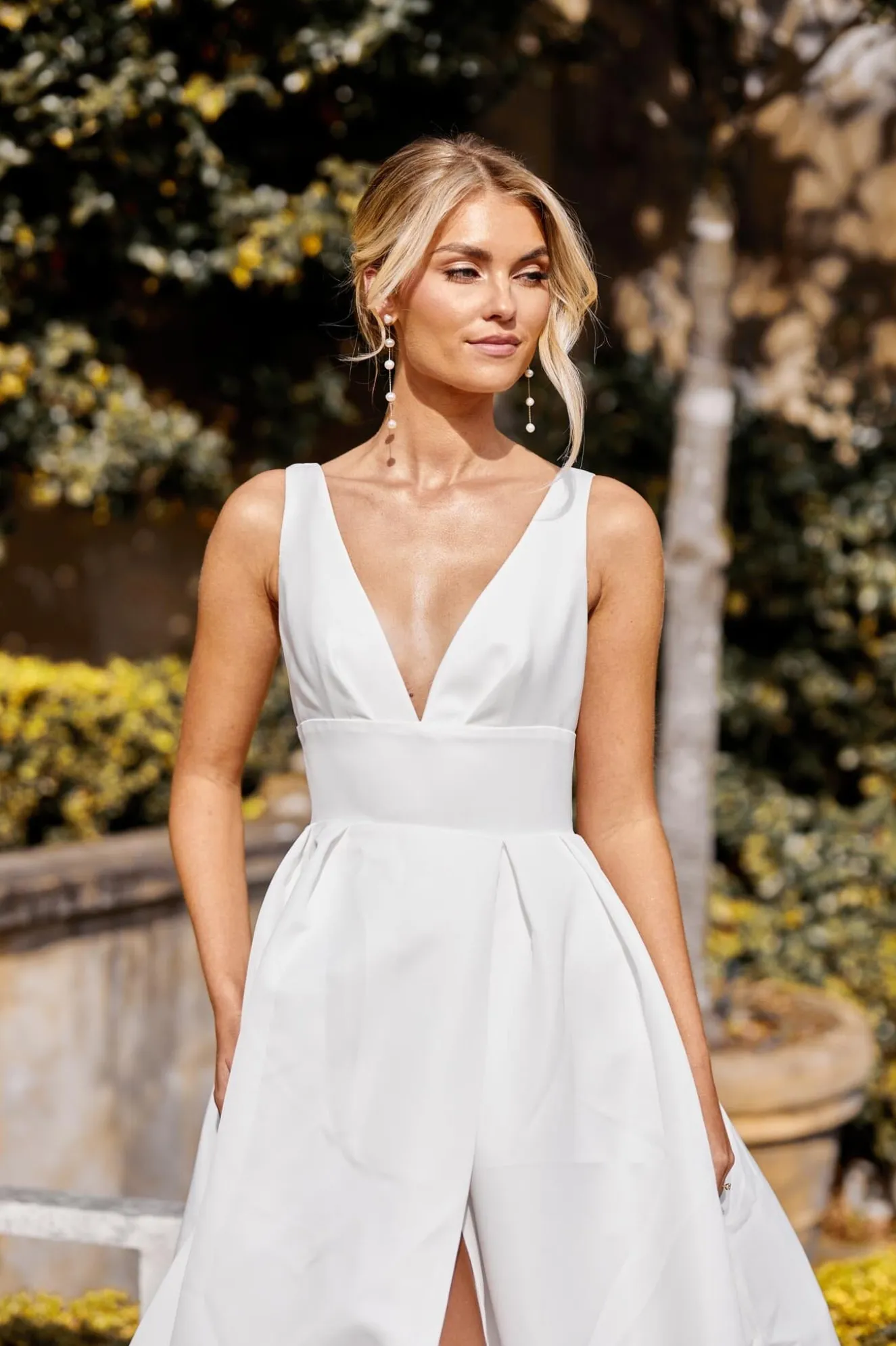 SIMONE V Neck A-line Satin Gown - Ivory