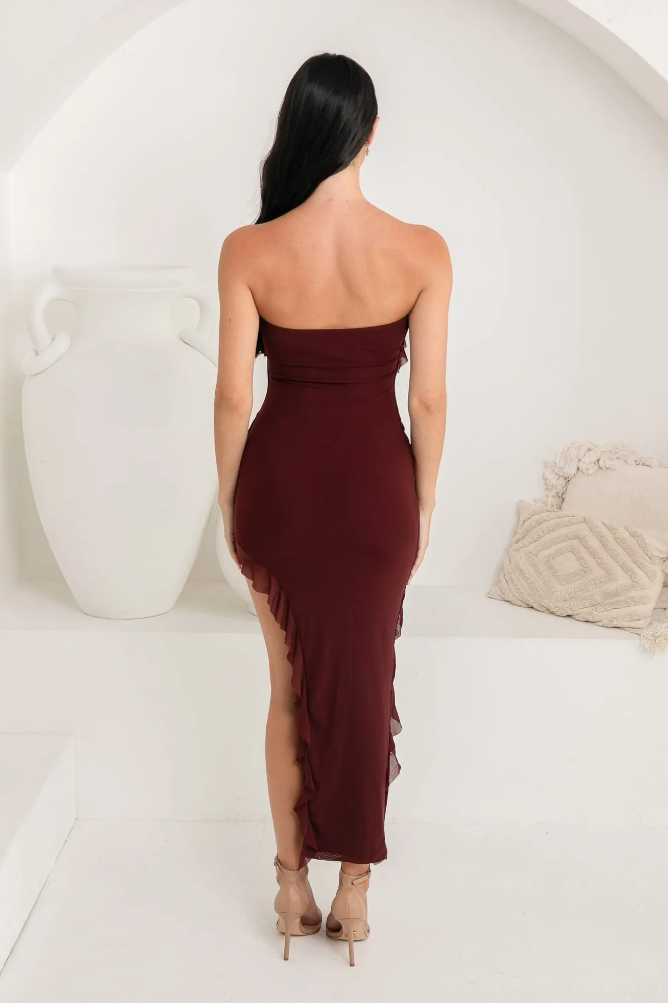 Solita Strapless Frill Detail Maxi Dress - Burgundy
