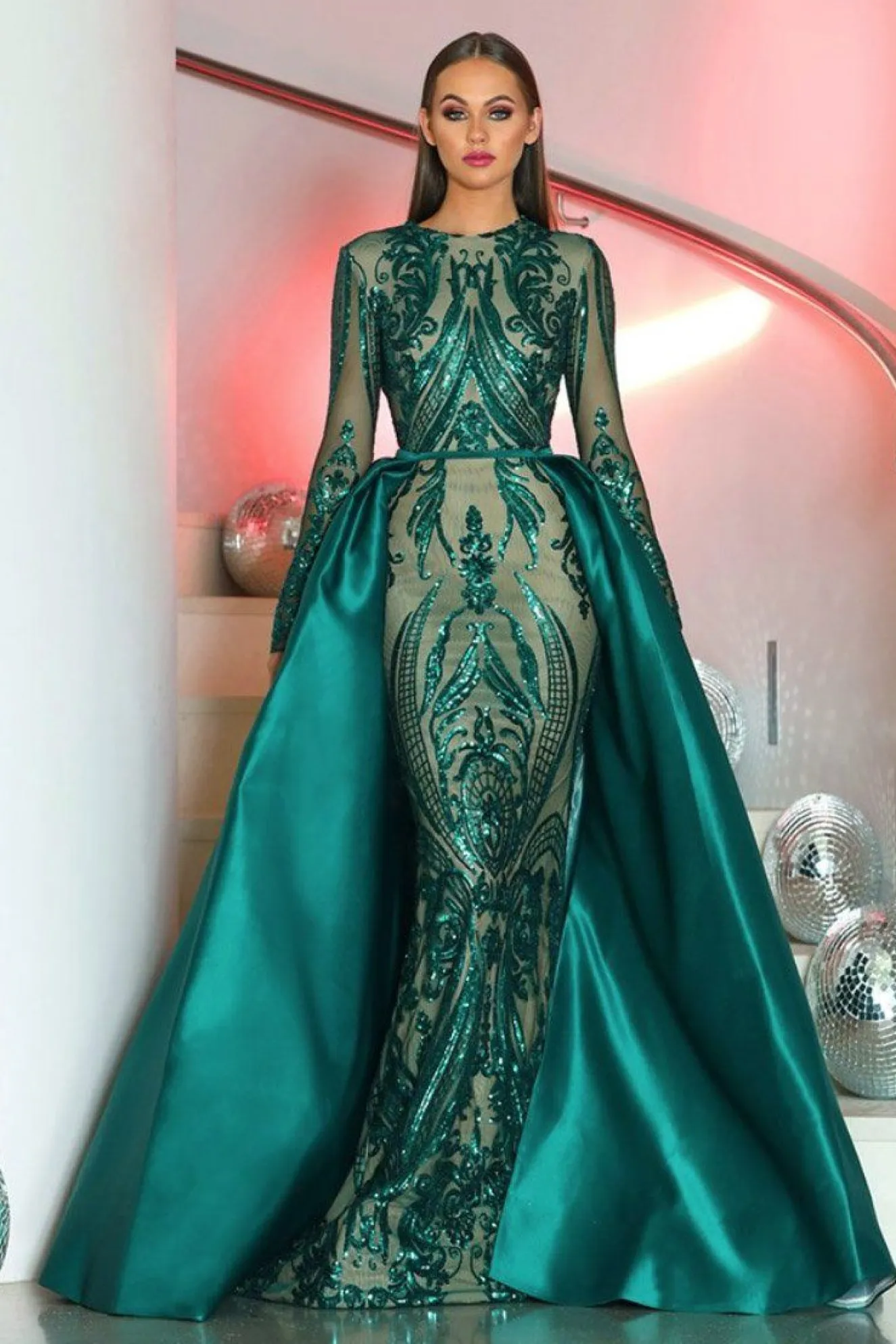 Style 1705 Long Sleeve Gown in Emerald by Portia & Scarlett (Last Pieces - S & XXL)