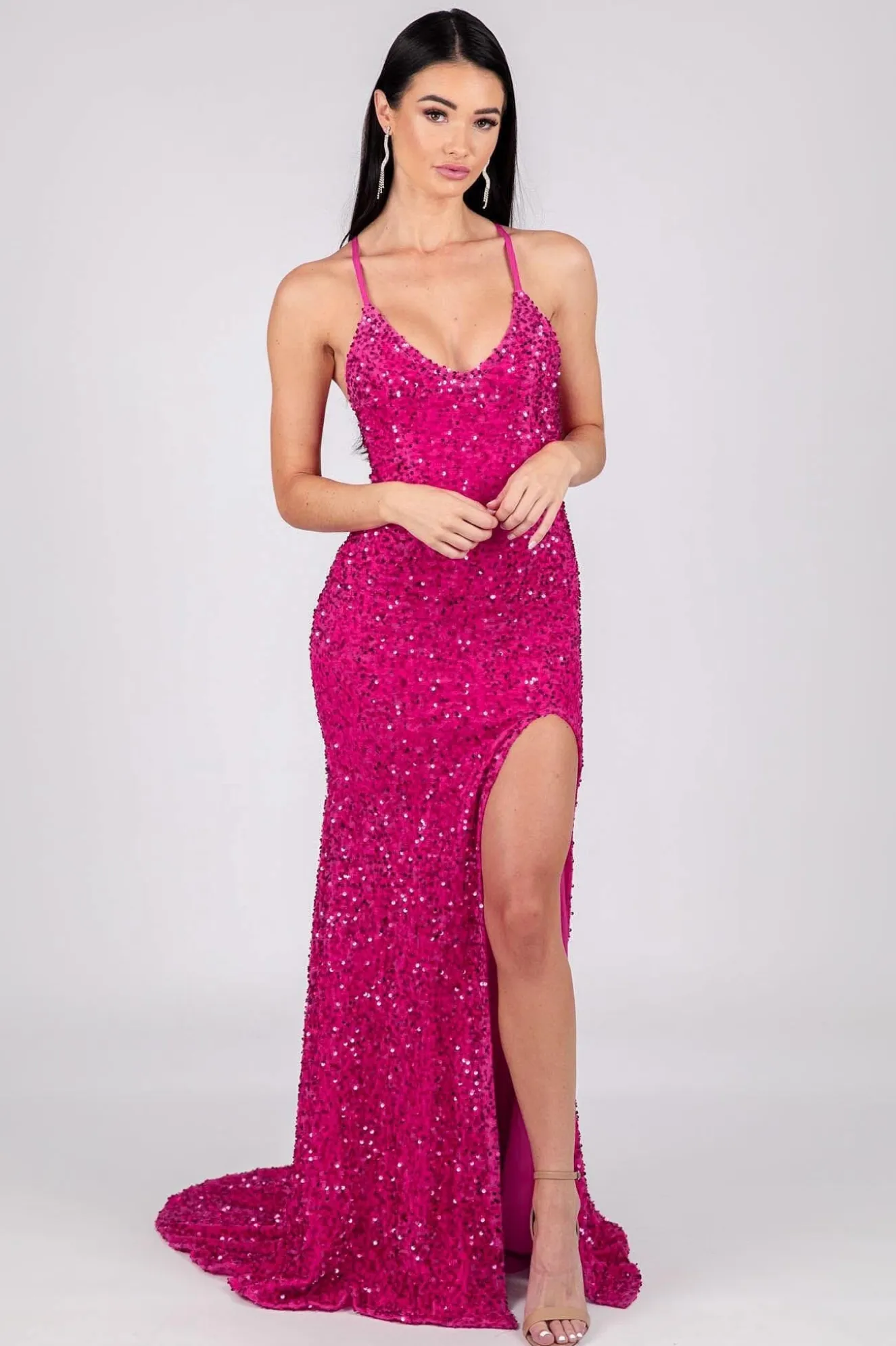 Zelda Side Slit Velvet Sequin Gown - Fuchsia
