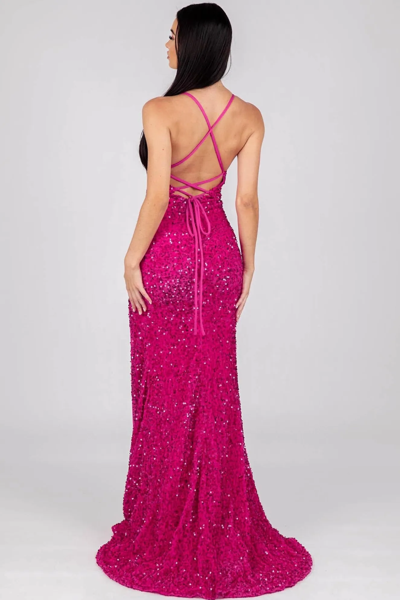 Zelda Side Slit Velvet Sequin Gown - Fuchsia